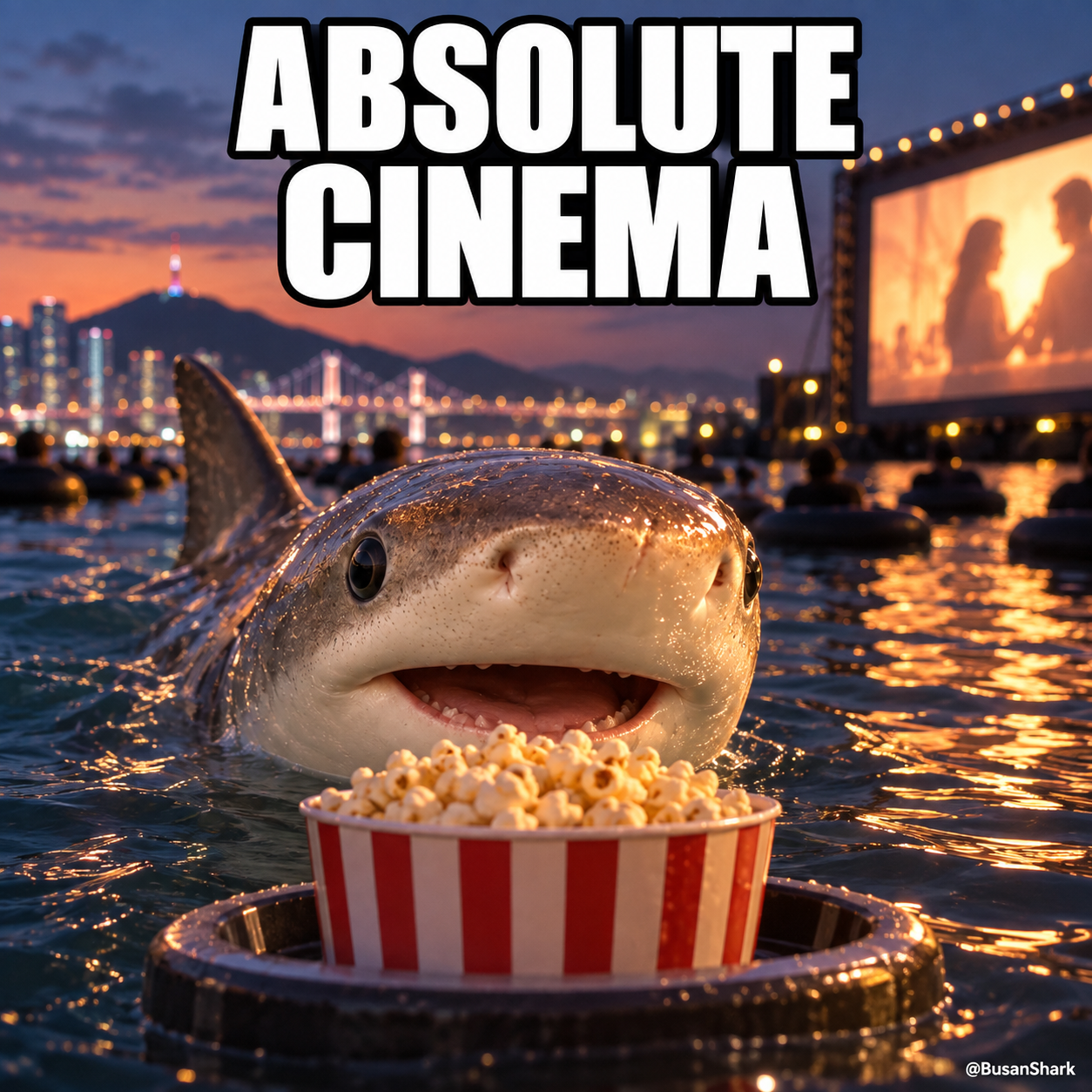 ABSOLUTE CINEMA meme: a smiling shark with popcorn at an imagined floating cinema in Busan at sunset
