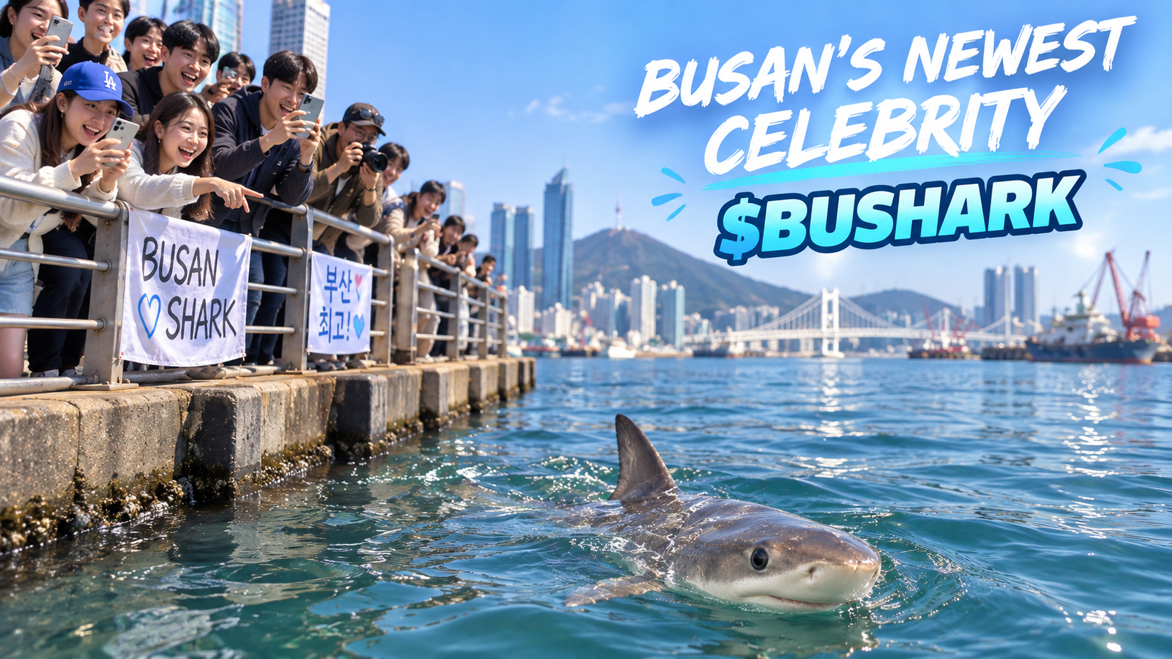 AI fan artwork of a friendly shark swimming past its cheering fans at a Busan waterfront